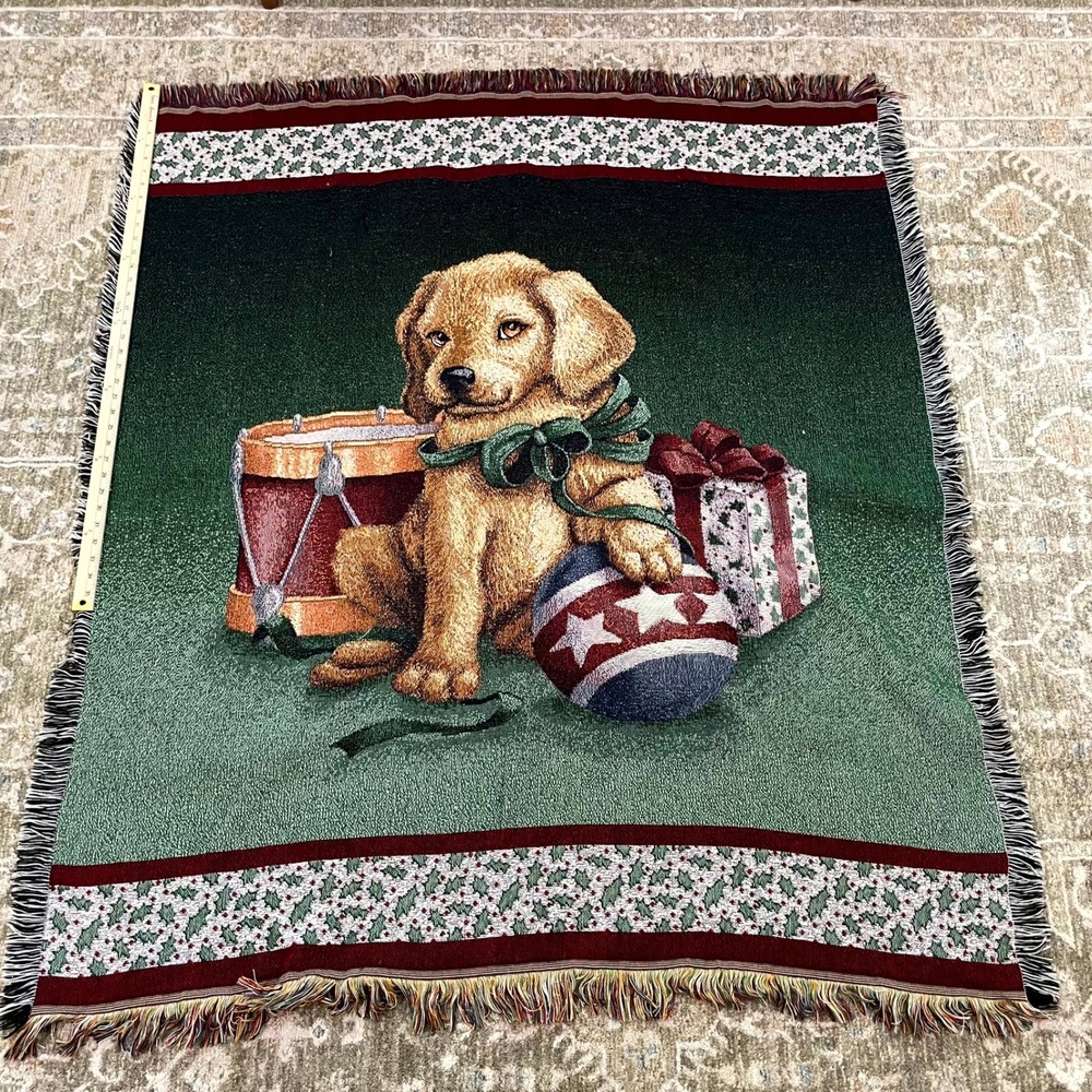 American Weavers Christmas Puppy Woven Tapestry Throw Blanket‎ 50x60 Holiday USA